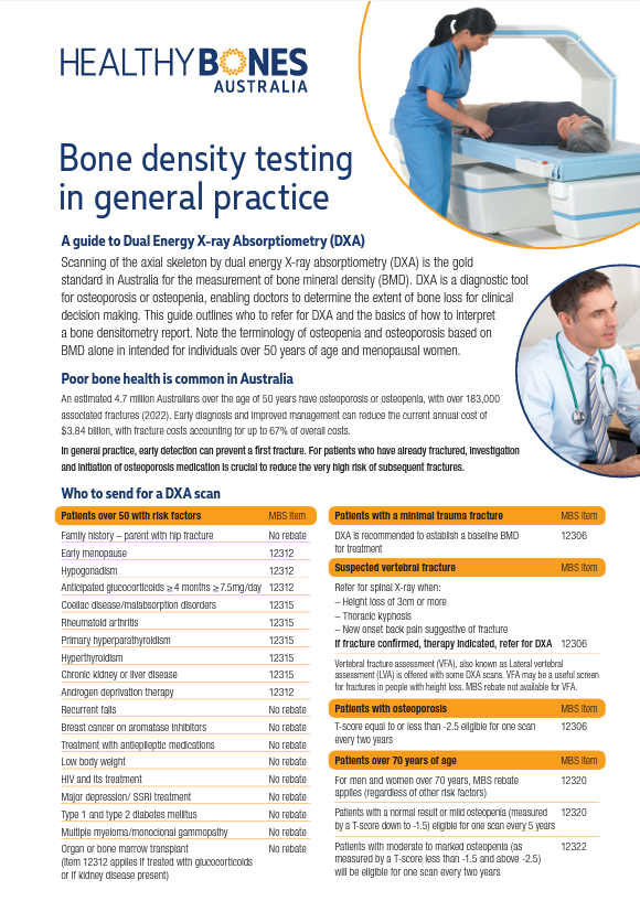 Brief flyer on bone density testing for General Practice, includes MBS item numbers and explanation of a generic BMD report.