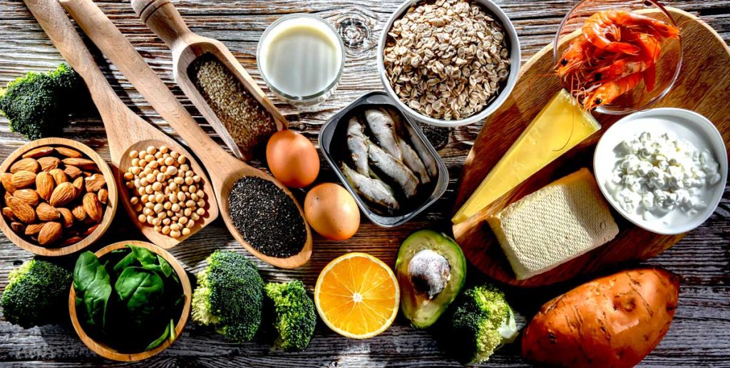 Calcium rich foods including seeds, fish, veggies and dairy.